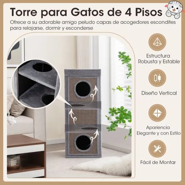 Casa para gatos com 3 cavernas com 3 esconderijos e painéis de sisal para arranhar, cama superior com almofada removível cinza