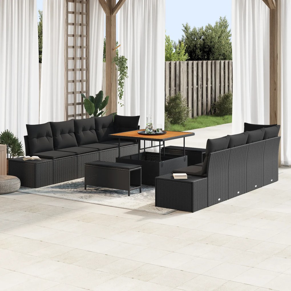 vidaXL Conjunto de Sofá de Jardim de 11 Peças com Almofadas Rattan Poliéster Preto Acácia
