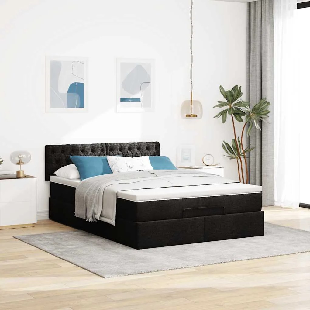 Cama otomana com colchão 140x190 cm tecido preto