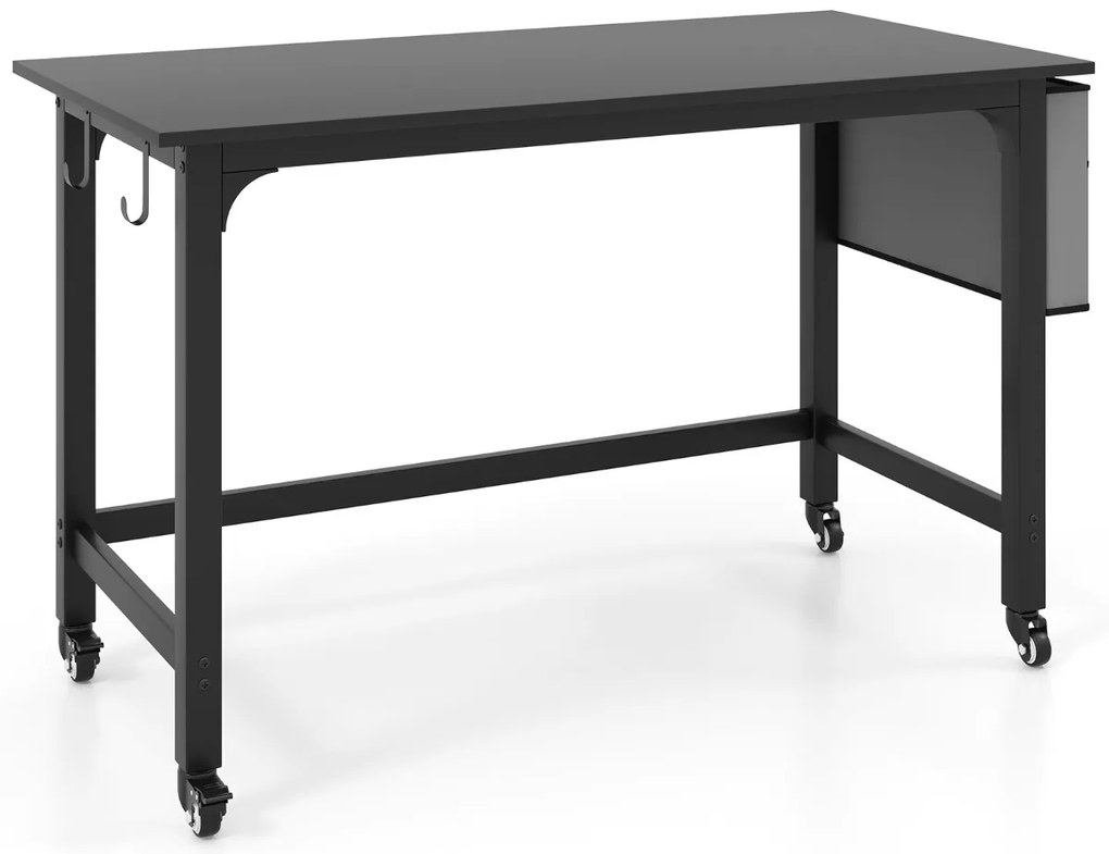 Secretária com Rodas Mesa de Escritório 120 x 60 x 75 cm com Bolsa e Ganchos para Auscultadores Compacta Estrutura em Metal Preto