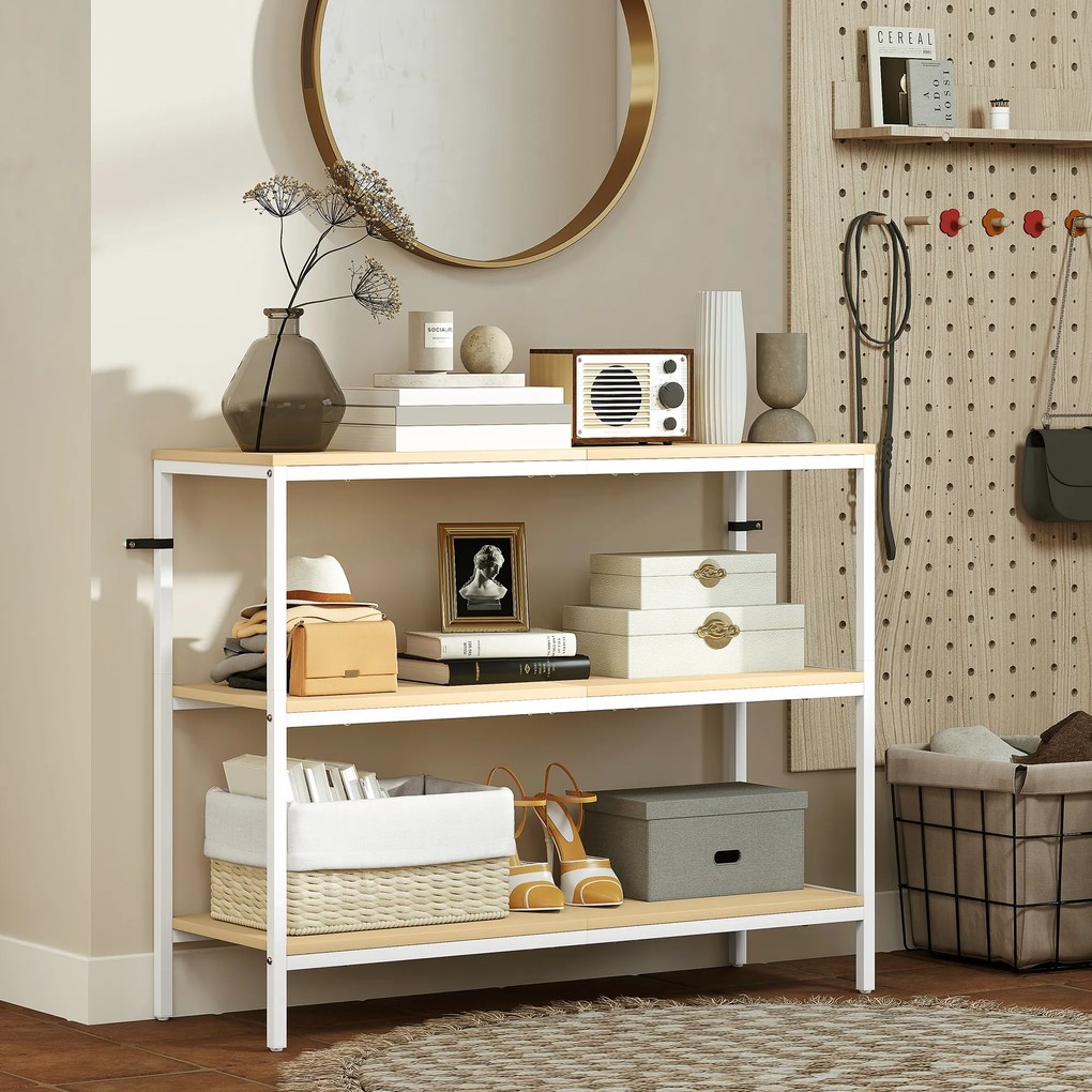 Mesa Consola Estreita Consola de Entrada Moderna com 3 Prateleiras Abertas e Pés de Metal 101x35x80 cm Madeira e Branco