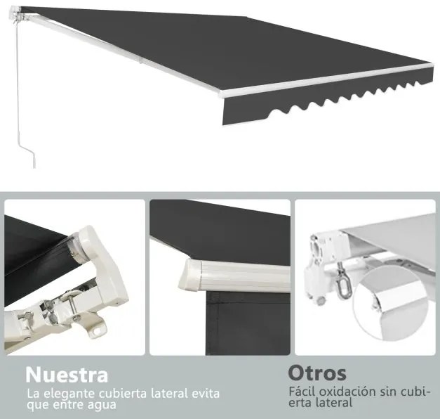 Toldo retrátil 3 x 2,5 m em alumínio com manivela e poliéster impermeável para exterior Cinzento