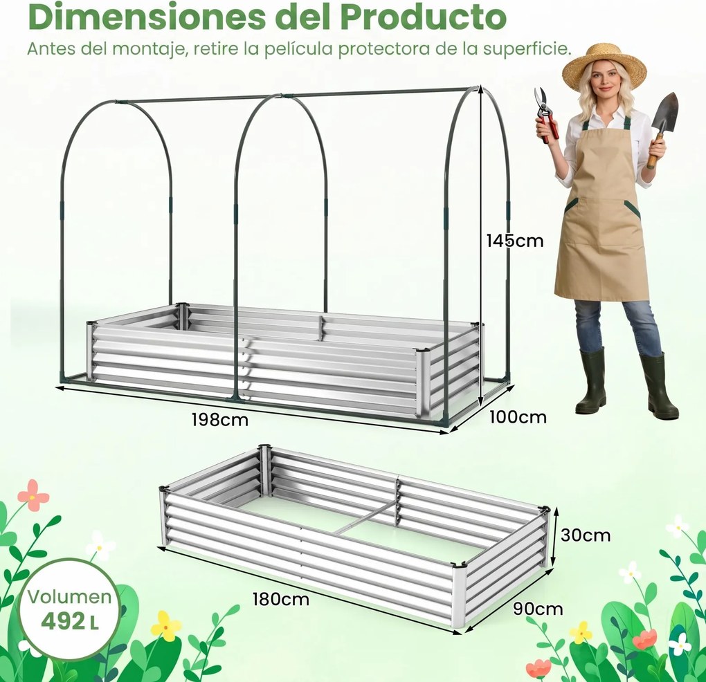 Estufa urbana 180 x 90 x 30 cm com estufa de PVC transparente, floreira de metal galvanizado, 2 janelas enroláveis, floreira coberta , prateado