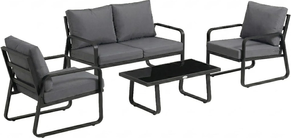 Outsunny Conjunto de Jardim 4 Peças com Almofadas Removíveis Muito Espessas 10cm Mesa de Centro em Vidro Temperado Preto | Aosom Portugal