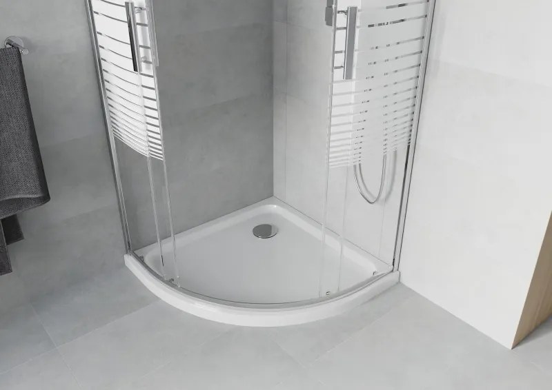 Mexen Rio cabine de duche semicircular 90 x 90 cm, faixas brancas, cromado + base Flat, branco - 863-090-090-01-20-4110