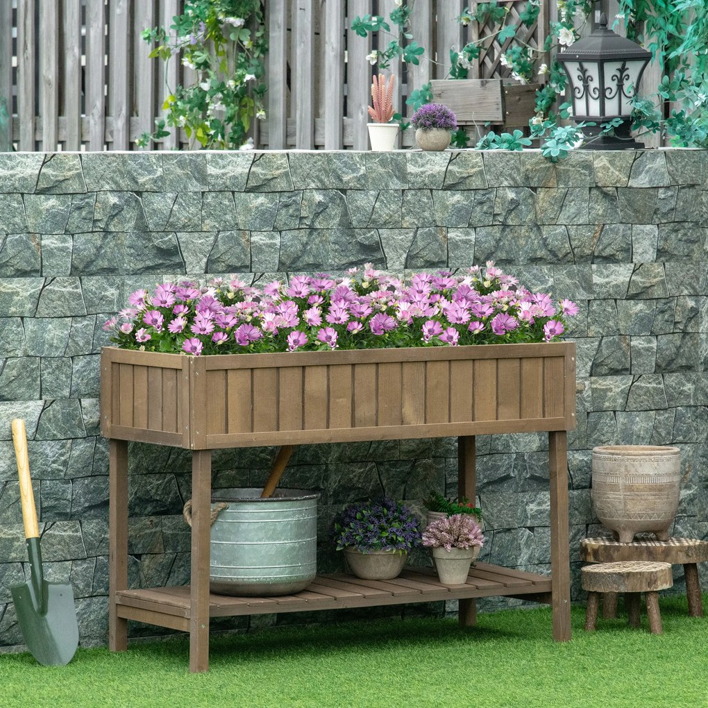 Floreira com pés, para horta, com prateleiras,110 x 46 x 76 cm, 8 compartimentos, sistemas de irrigação integrados, madeira de abeto castanha