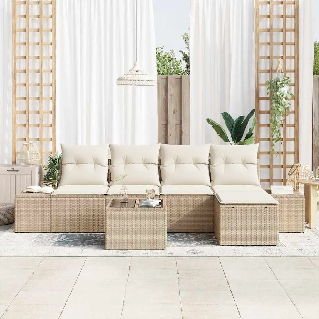 Conjunto de sofá de jardim com 6 peças e almofadas Marrom Polyrattan