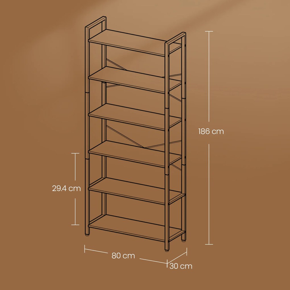 Estante de 6 níveis, com estrutura em aço 30 x 80 x 186 cm Castanho Vintage -preto