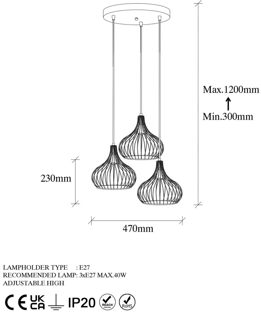 Chandelier Teldamla – Dourado Brilhante – 47 x 47 x 120 cm