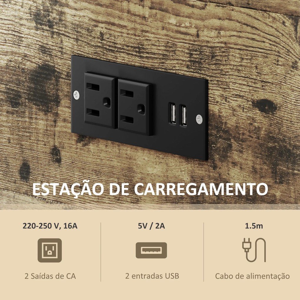Mesinha Auxiliar Industrial com Estação de Carga Gaveta e Prateleiras Abertas 60x30x66,5 cm Castanho Rústico