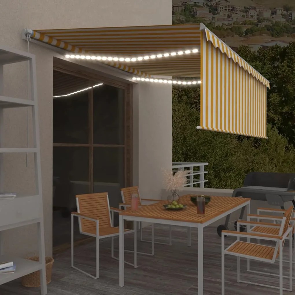 Toldo retrátil manual com estore/LED 4x3 m amarelo e branco