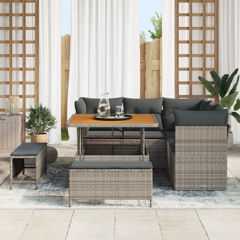 Conjunto de Sofá de Jardim de 8 Peças com Almofadas Cinza Rattan Polié
