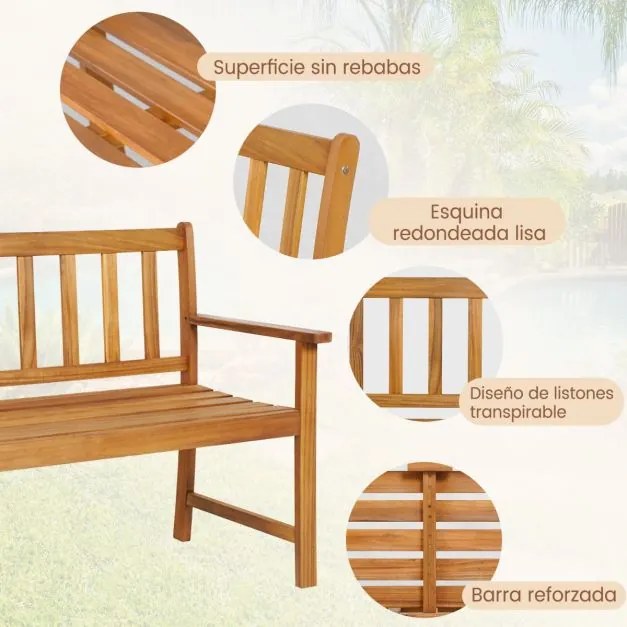 Banco de jardim de madeira de acácia de 2 lugares com encosto e braços Assento de ripas Carga 360 kg 123 x 56,5 x 86 cm Natural