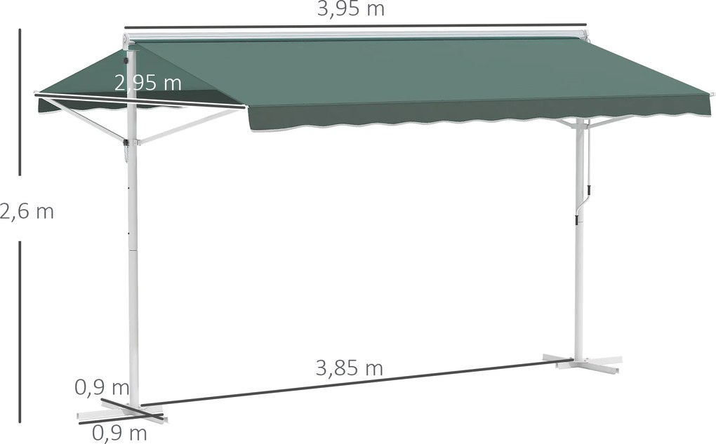Toldo de dupla inclinação 4 x 3 m, manual e retrátil, inclinação ajustável, metal e poliéster impermeabilizado, verde escuro