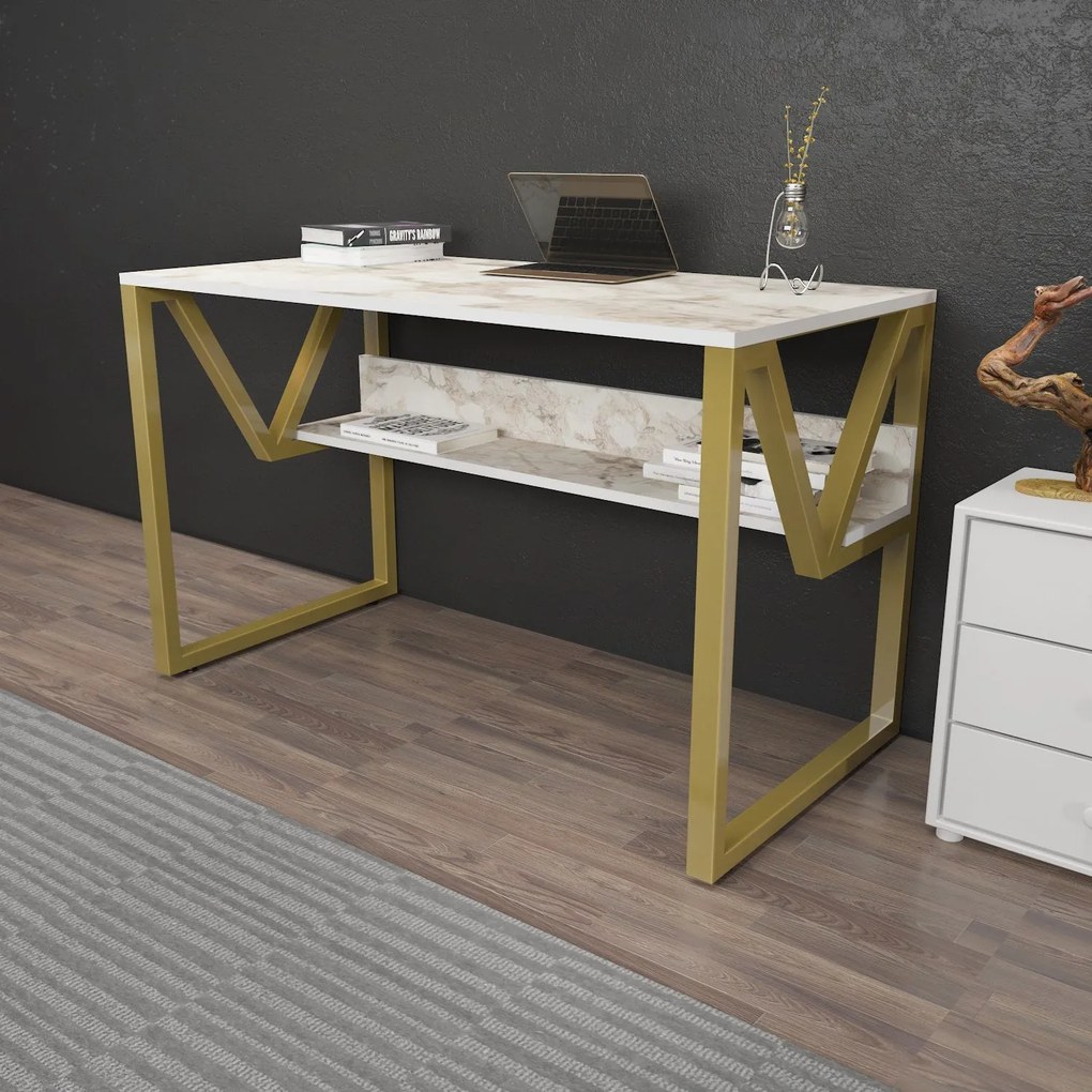 Secretária Lona – Branco e Dourado – 120x72,8x60 cm
