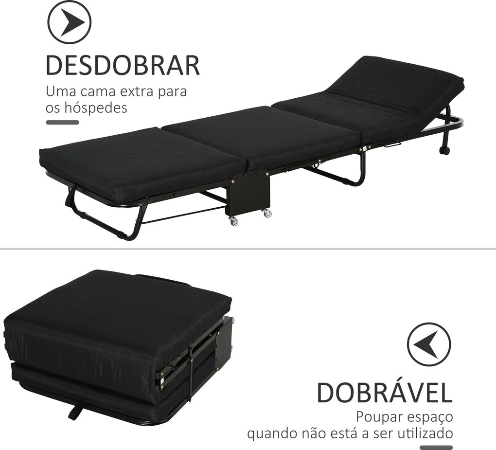 Cama Dobrável "Host" com Apoio de Cabeça Ajustável - Preto - 184x65x26