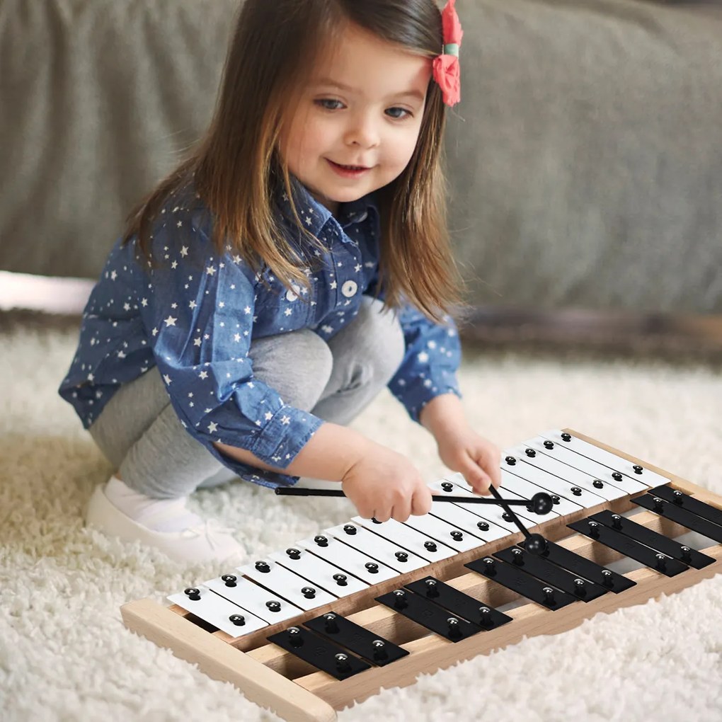 Xilofone de madeira com 25 notas, instrumento educacional de percussão com 2 baquetas