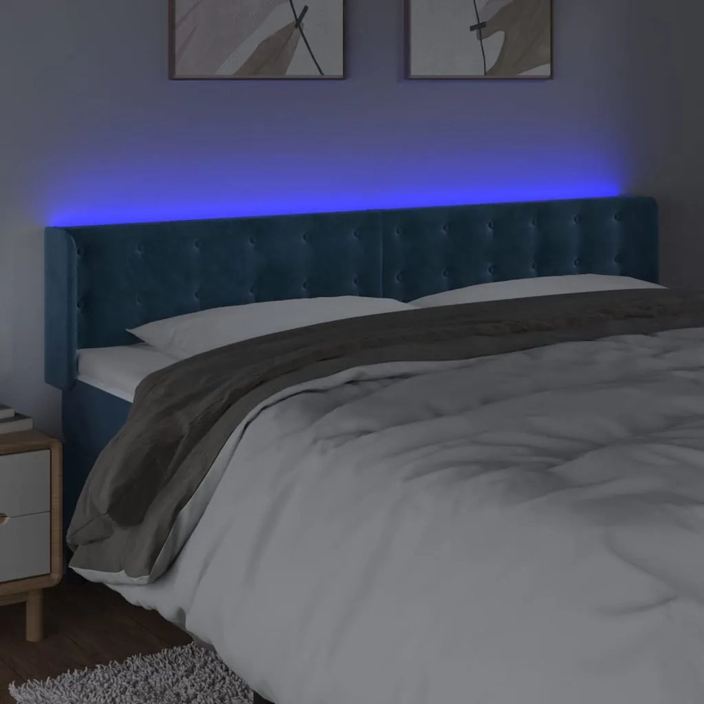 Cabeceira cama c/ luzes LED veludo 203x16x78/88 cm azul-escuro