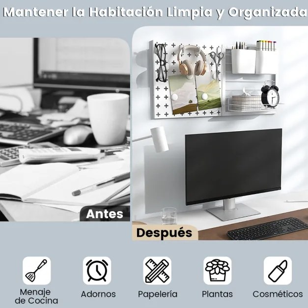 Quadro de parede com 2 painéis de fixação, ímanes para prateleiras de arrumação e ganchos para cozinha ou escritório em branco