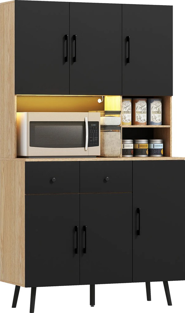 Armário de cozinha com iluminação LED RGB, bancada, 6 portas e 2 gavetas, 100 x 40 x 176 cm, preto