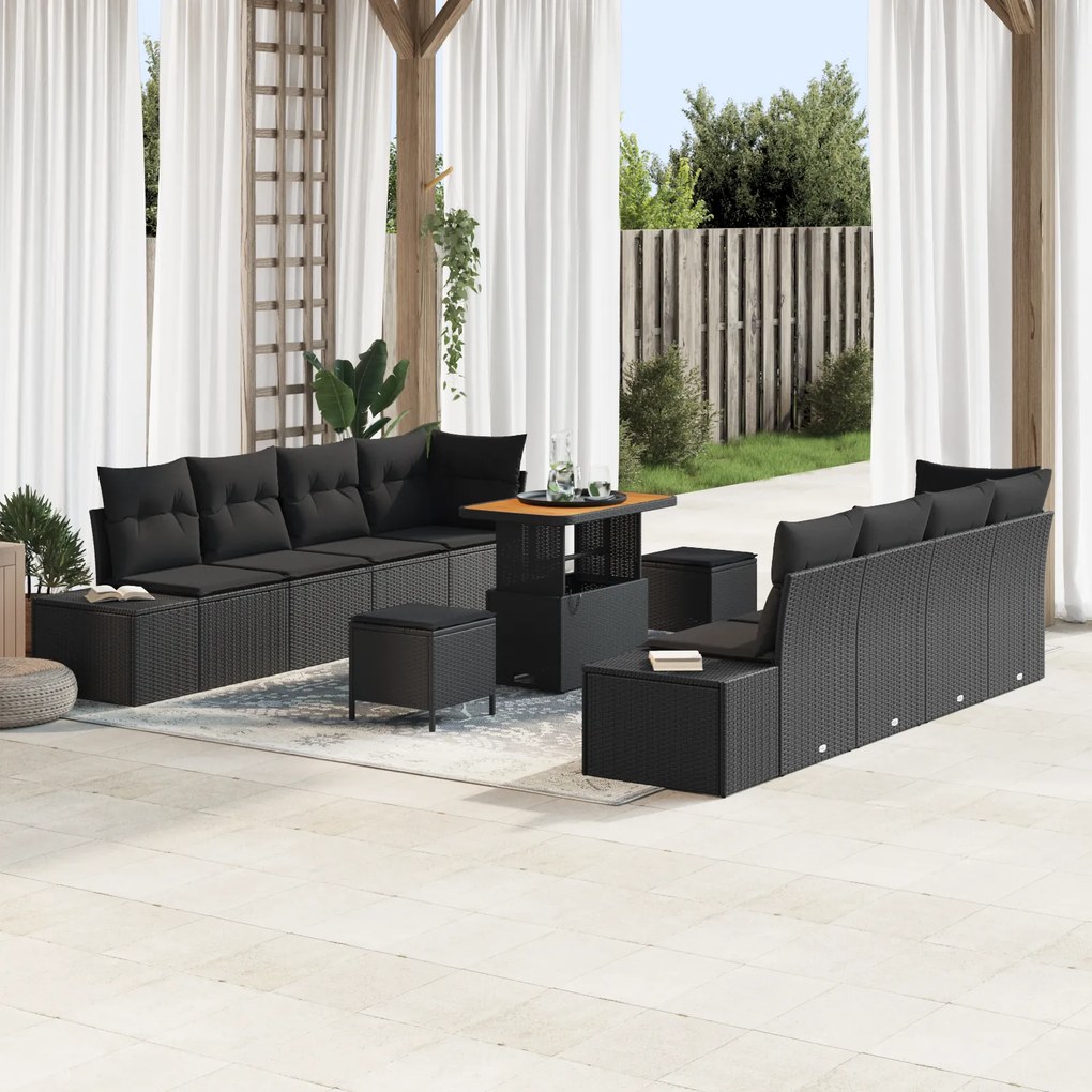 Conjunto de Sofá de Jardim vidaXL 11 Peças com Almofadas Preto Rattan Sintético Acácia