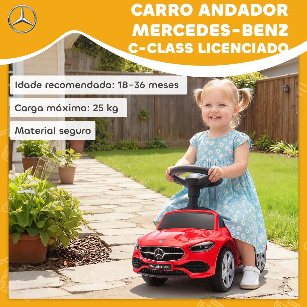 Carro Andador para Crianças Mercedes-Benz Classe C com Buzina Volante Sons de Motor e Espaço de Armazenamento 65x28x39 vermelho