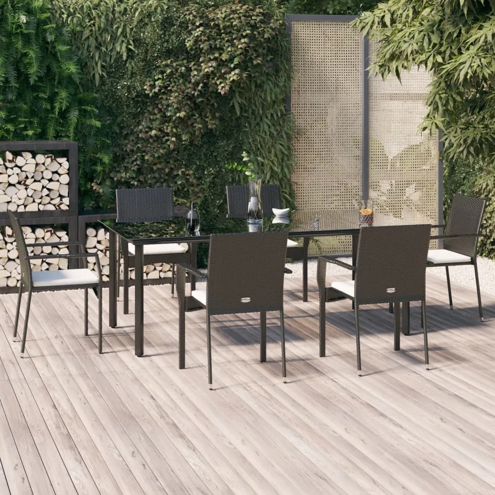 vidaXL 7 pcs conjunto de jantar p/ jardim c/ almofadões vime PE preto