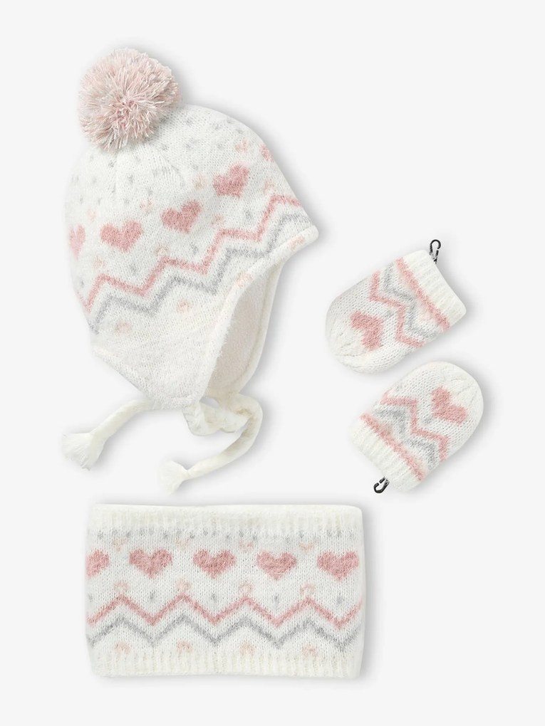 Conjunto de gorro + gola snood + luvas em malha jacquard, para menina cru