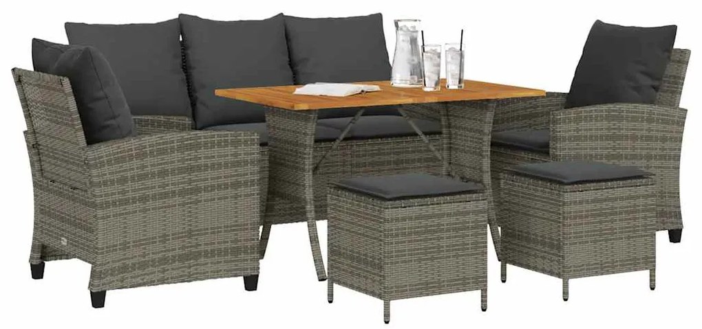6 pcs conjunto sofás de jardim com almofadões vime cinzento