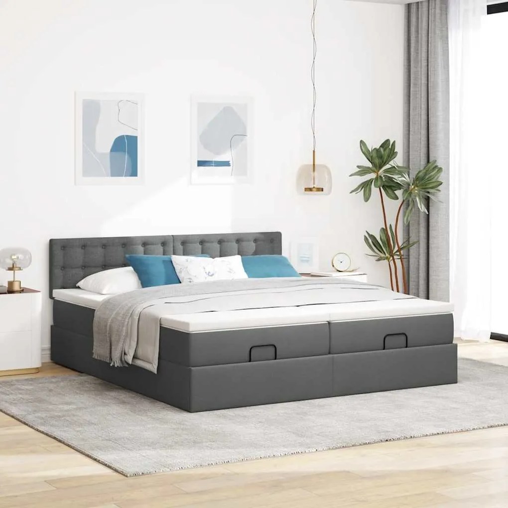 Estrutura de cama otomana com colchões tecido cinzento escuro