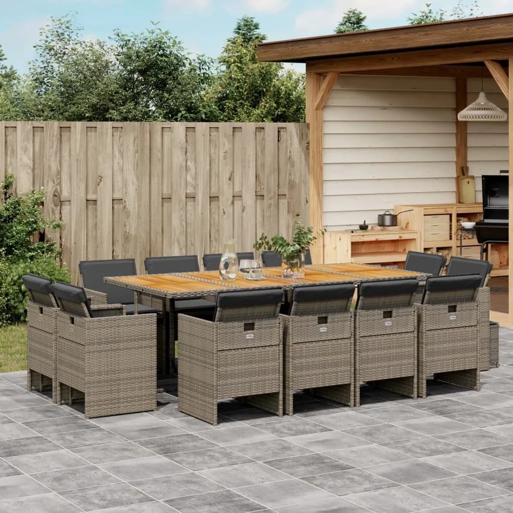 vidaXL 13 pcs conjunto jantar p/ jardim c/ almofadões vime PE cinzento