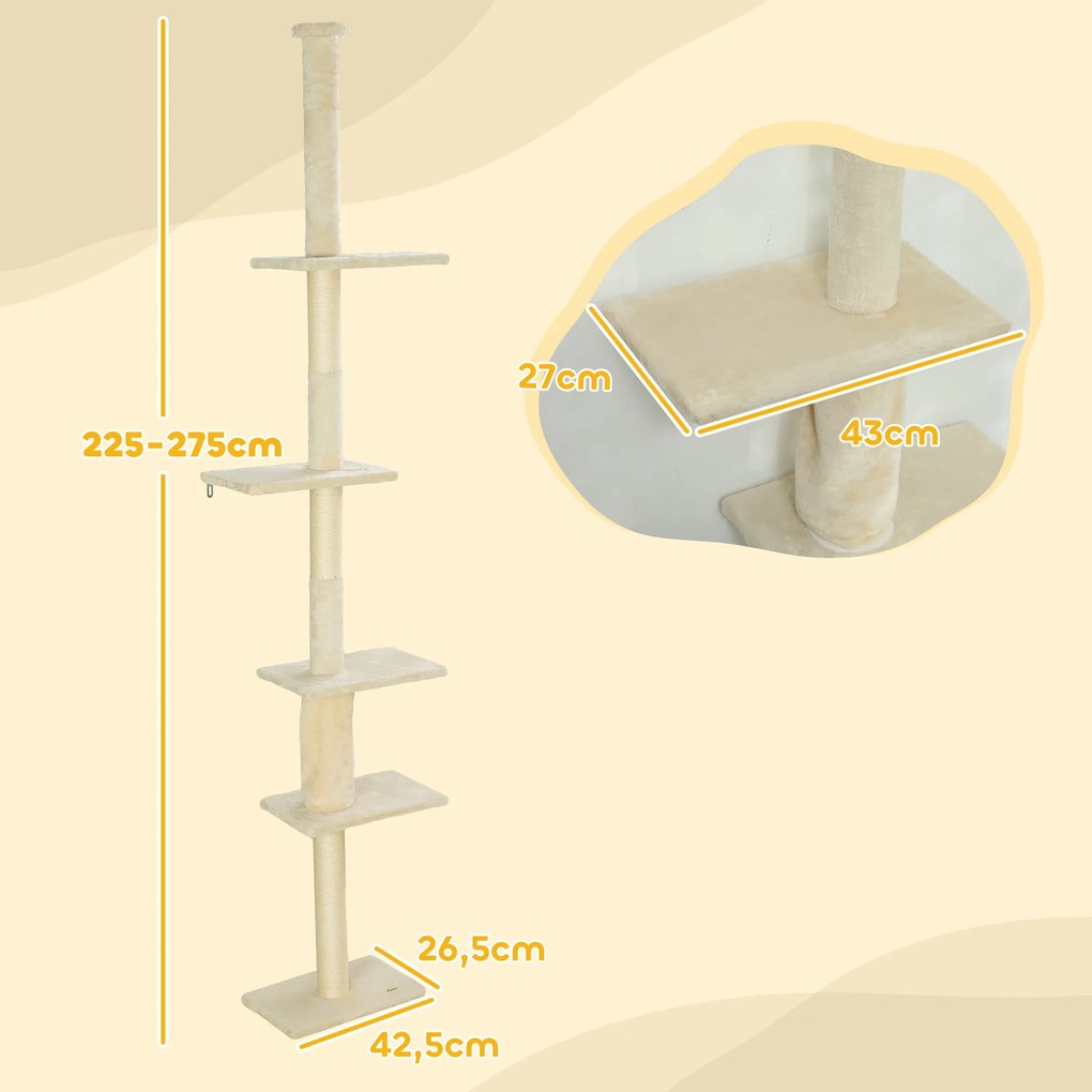 Arranhador para Gatos do Chão ao Teto 225-275 cm Torre para Gatos com Múltiplas Plataformas Sistema Anti-Tombo Creme