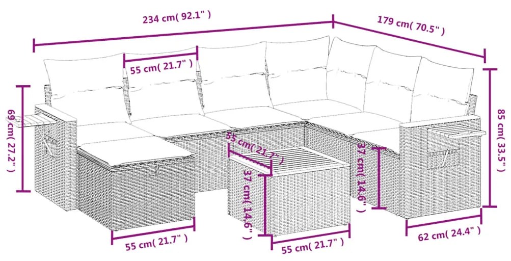 8 pcs conj. sofás jardim c/ almofadões vime PE bege misturado