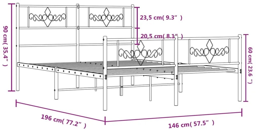 Estrutura de cama com cabeceira e pés 140x190 cm metal preto