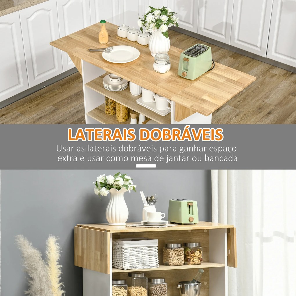 HOMCOM Móvel Ilha de Cozinha Carrinho de Cozinha com Laterais Abatíveis 3 Prateleiras Abertas e Suporte para Facas para Sala de Jantar Restaurante Estilo Moderno 140x55x91cm Carvalho e Branco
