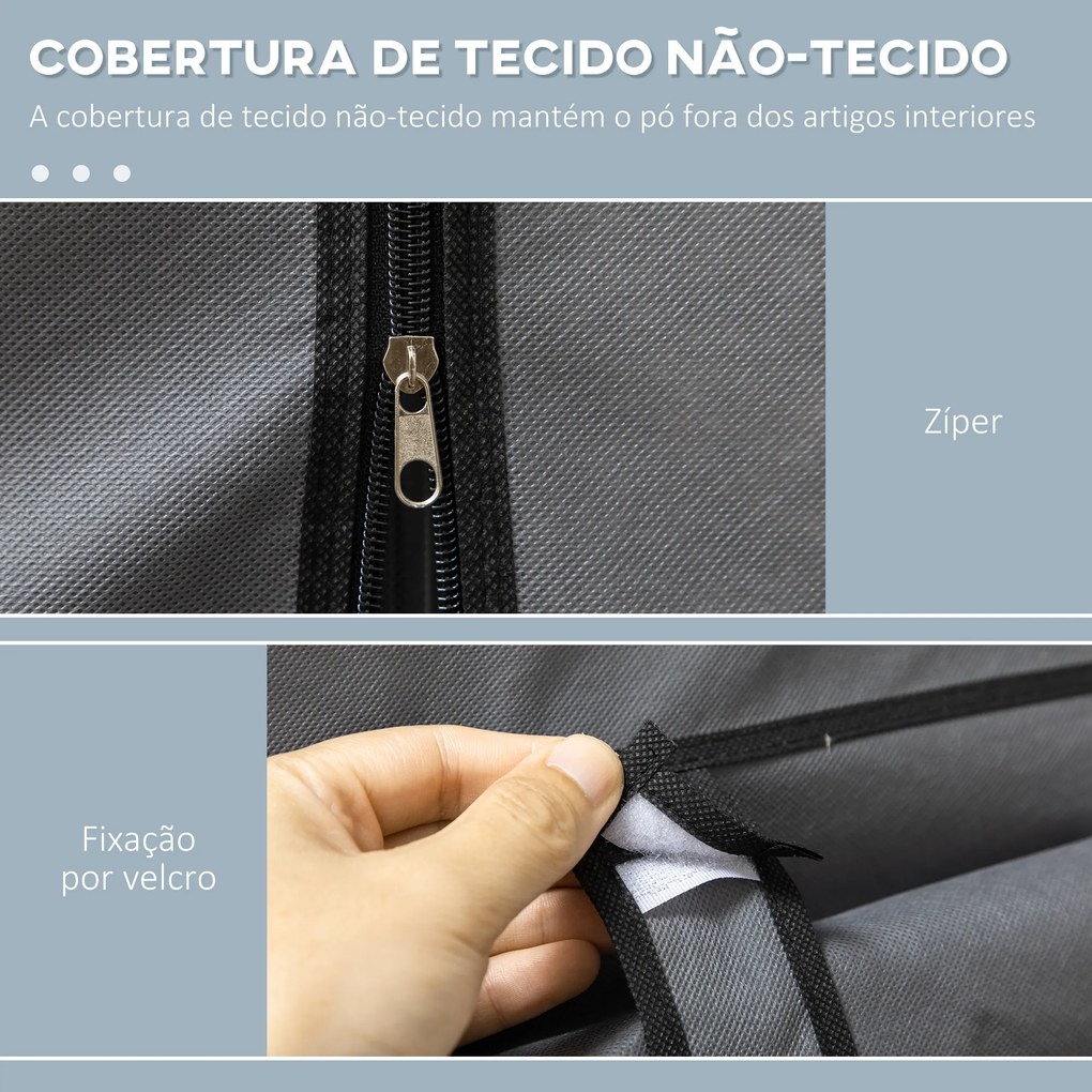 Guarda Roupa de Tecido Dobrável com 8 Prateleiras de Armazenamento e 2 Barras de Pendurar 125x43x162,5 cm Cinzento