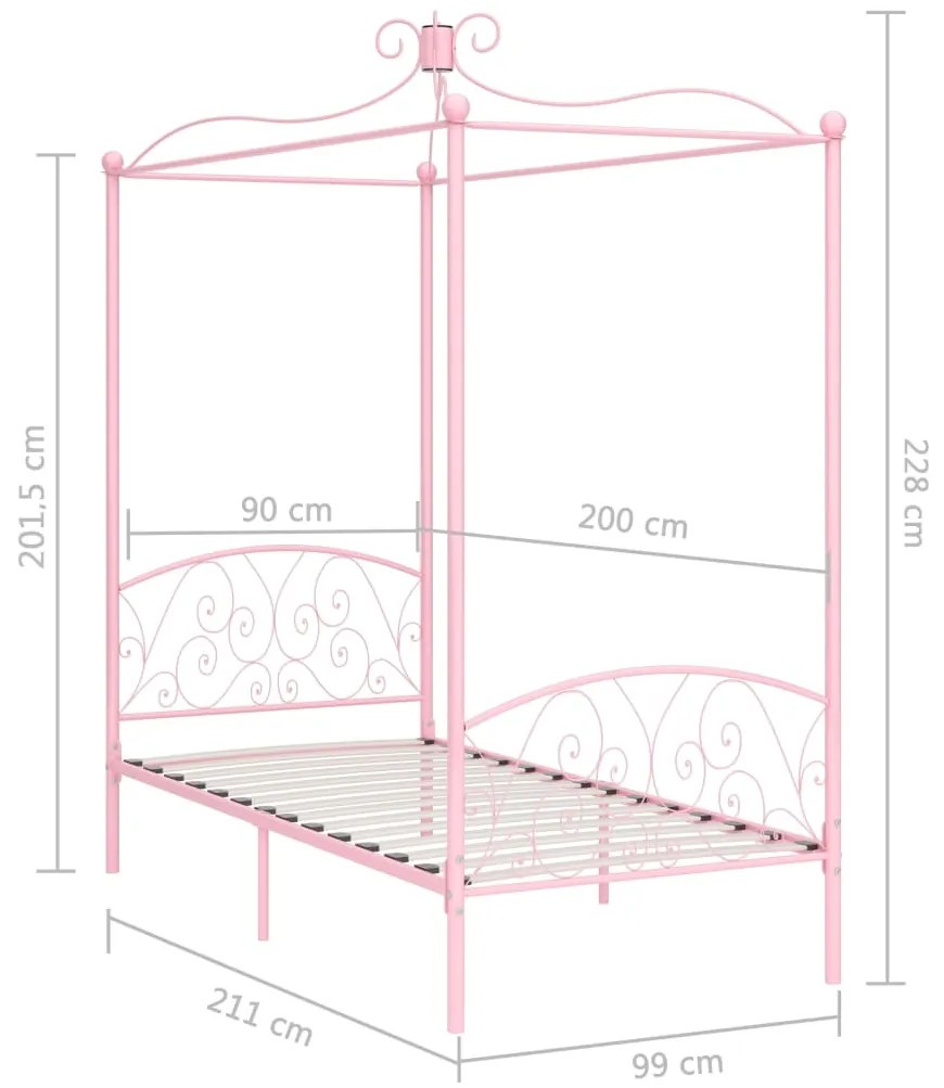 Estrutura de cama com dossel 90x200 cm metal cor-de-rosa