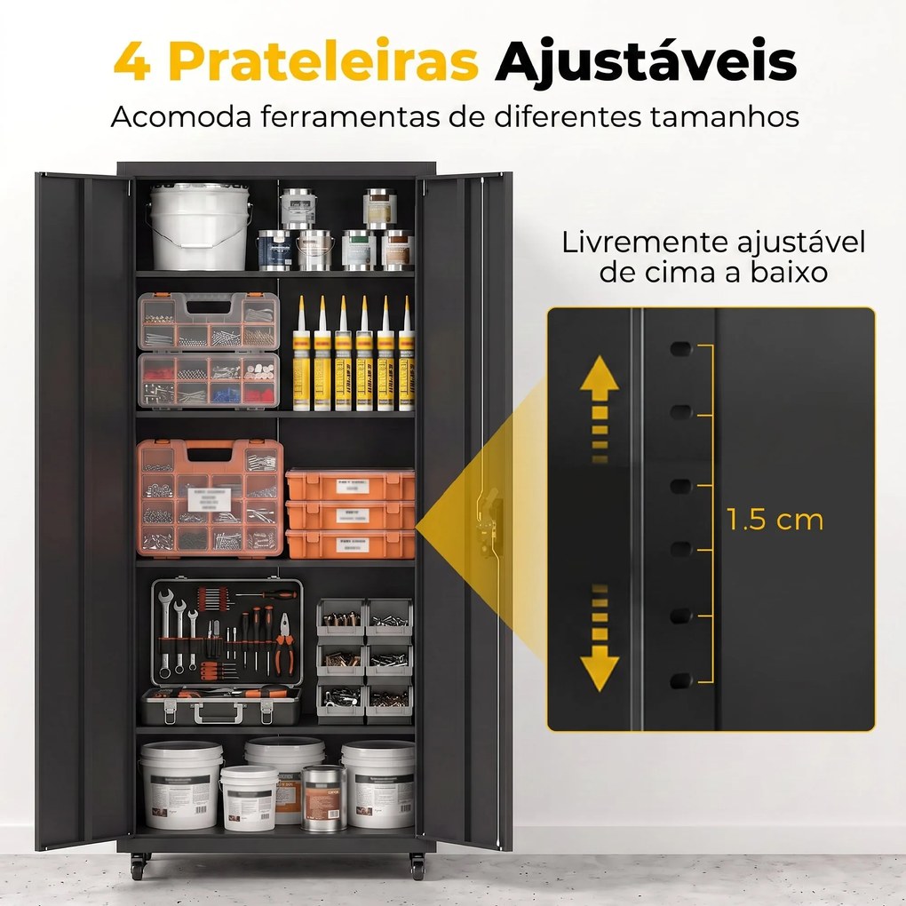 Armário de Ferramentas em Aço 180 cm com Rodas Amovíveis Prateleiras Ajustáveis e Carga 250 kg para Garagem Preto