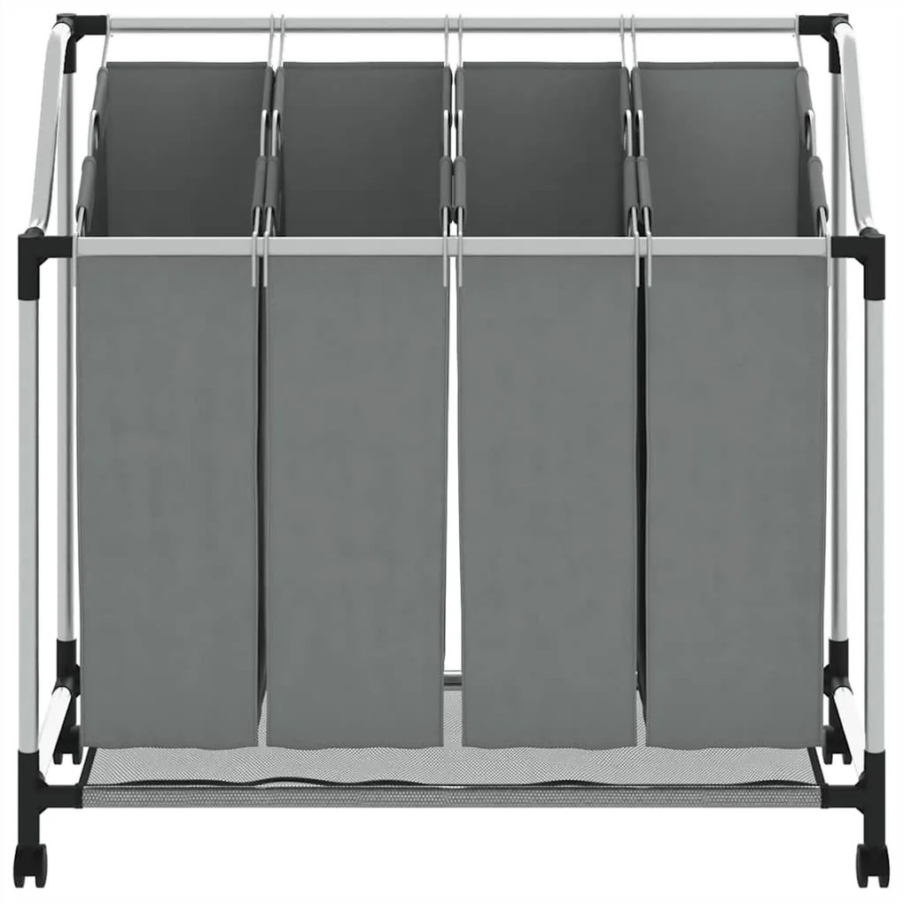Cesto para roupa suja com rodas 4 compartimentos cinzento