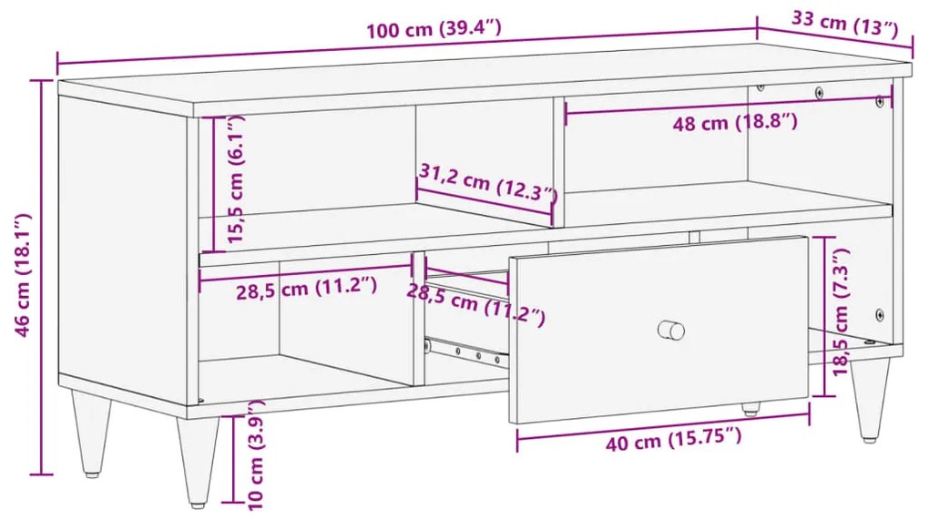 Móvel de TV 100x33x46 cm madeira de mangueira maciça