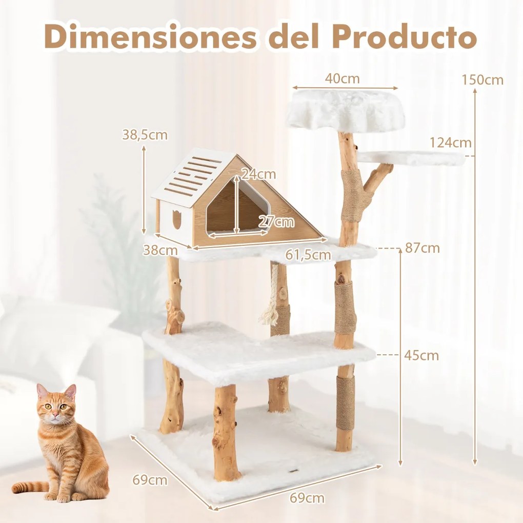 Arranhador de madeira maciça para gatos 150 CM com 2 poleiros para gatos Poste Corda de sisal de 5 camada branca