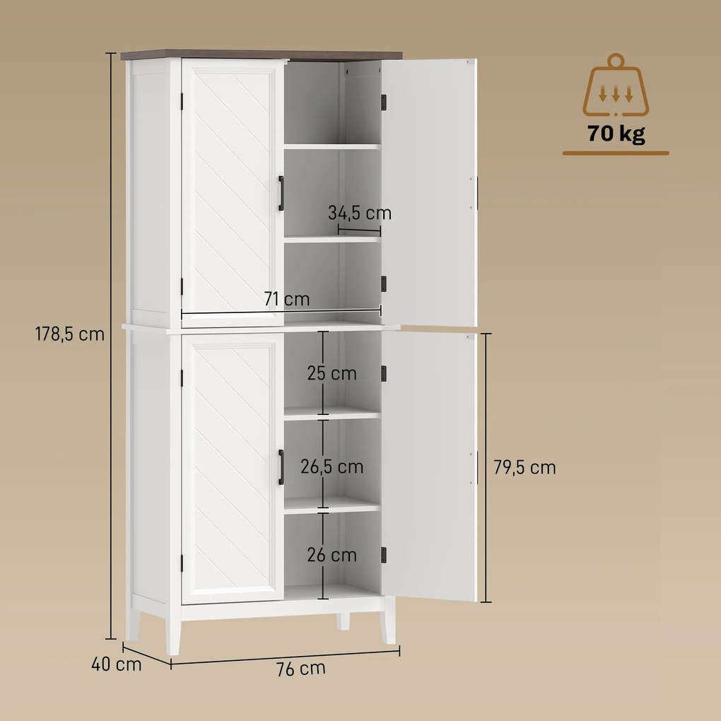 Armário de cozinha 76 x 40 x 178,5 cm, com 6 níveis, 4 portas com padrão em espinha e 4 prateleiras ajustáveis, branco