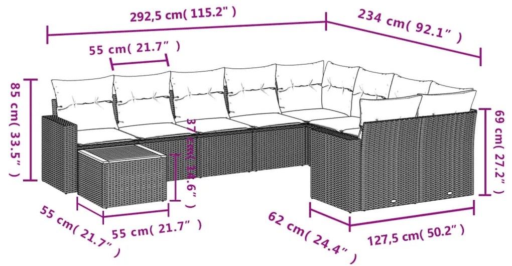 10 pcs conjunto sofás de jardim c/ almofadões vime PE cinzento