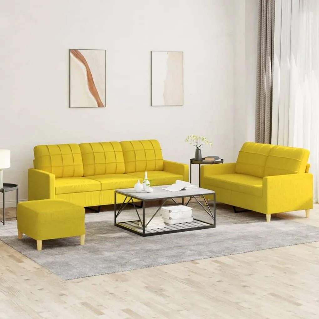 3 pcs conjunto de sofás com almofadões tecido amarelo-claro