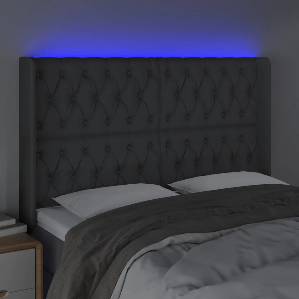 Cabeceira de cama c/ LED tecido 163x16x118/128 cm cinza-escuro