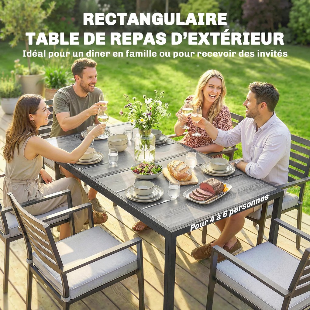 Mesa de jardim para 4 a 6 pessoas, (CADEIRAS NÃO INCLUIDAS) mesa de jantar de exterior com tampo com efeito de madeira, 150 x 80 x 74 cm, cinzenta