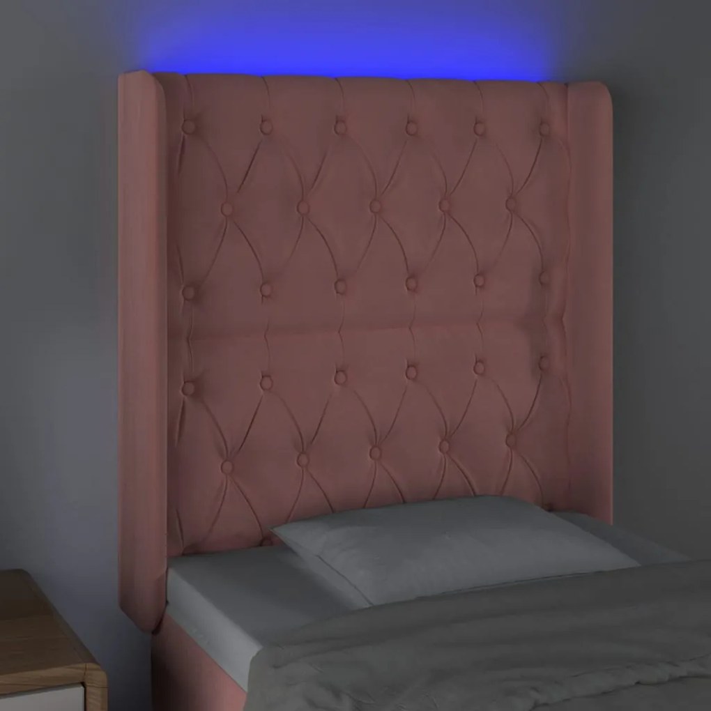 Cabeceira de cama c/ luzes LED veludo 83x16x118/128 cm rosa