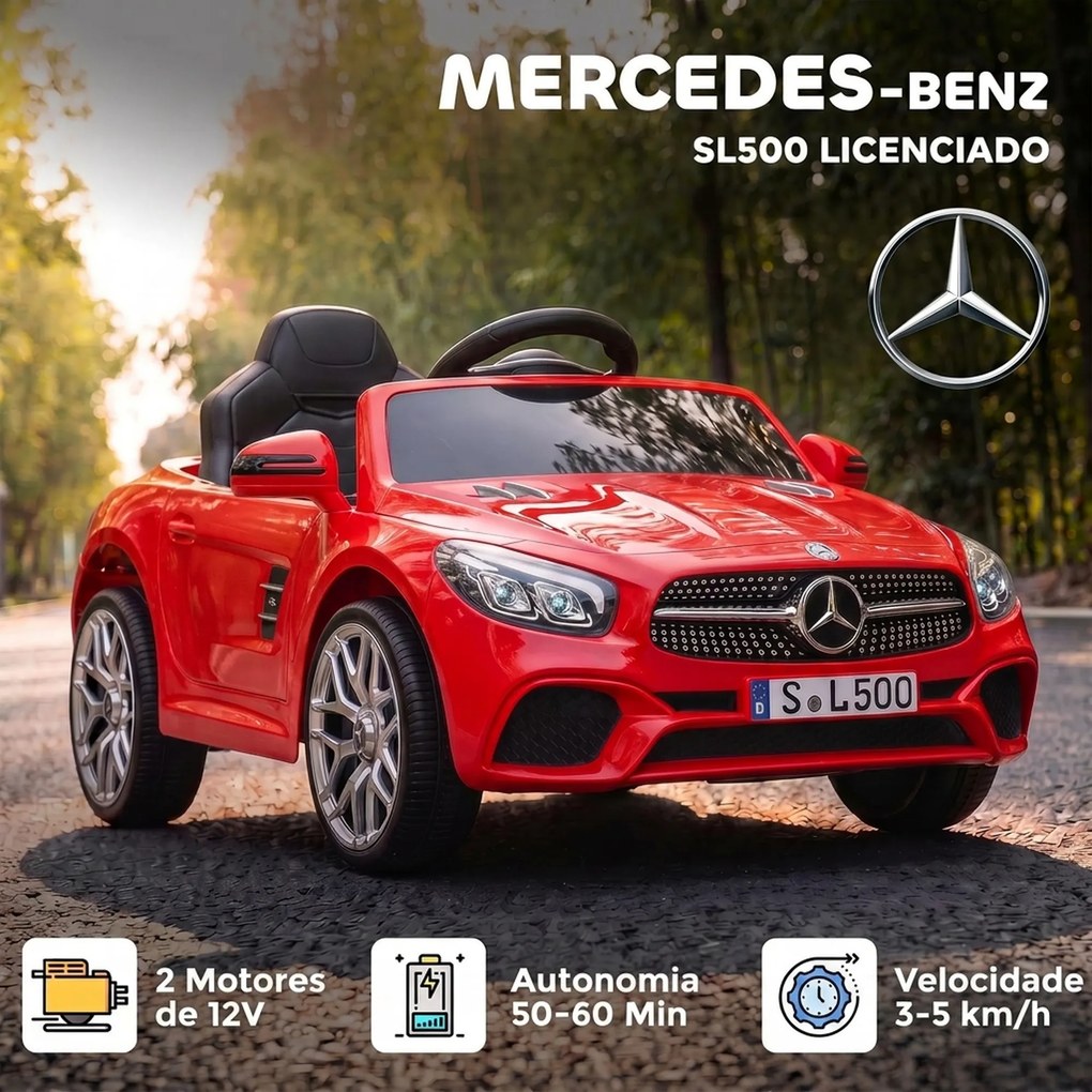 Carro Elétrico Infantil Mercedes-Benz SL500 12V Vermelho com Comando à Distância, 2 Motores e Suspensão