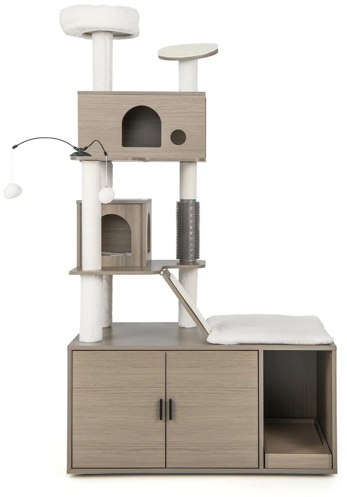 Arranhador para gatos 2 em 1 com Caixa de Areia Armarios para gatos Torre de arranhar Postes de sisal Rampa suspensa cinzenta