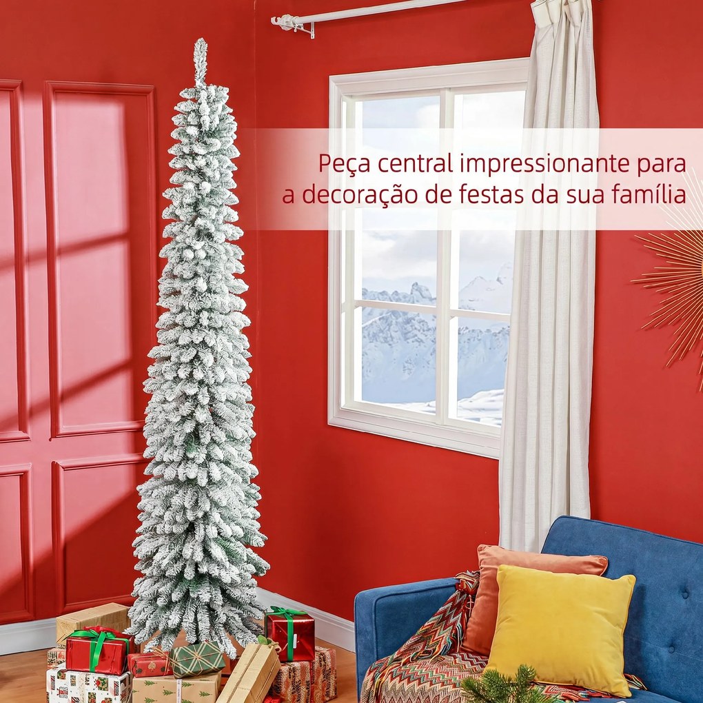 Árvore de Natal Estreita Nevada 240 cm com 603 Ramos e Suporte Metálico Dobrável para Sala de Estar Interior Verde